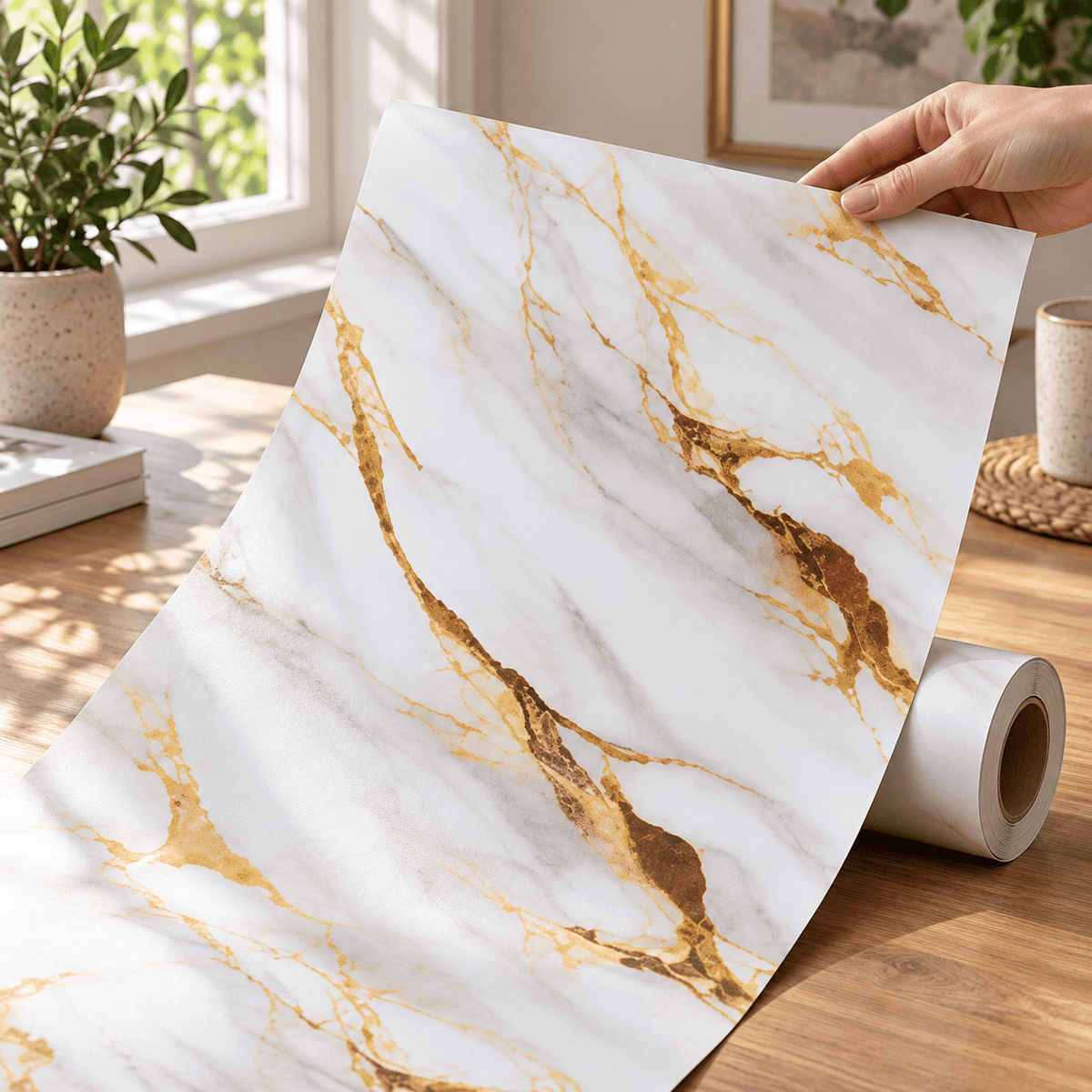 Tapeta u rolni 5 m × 60 cm – šest mramornih uzoraka – Tapete u rolni 5 m × 60 cm – Bijelo-zlatni mramor – slika 3