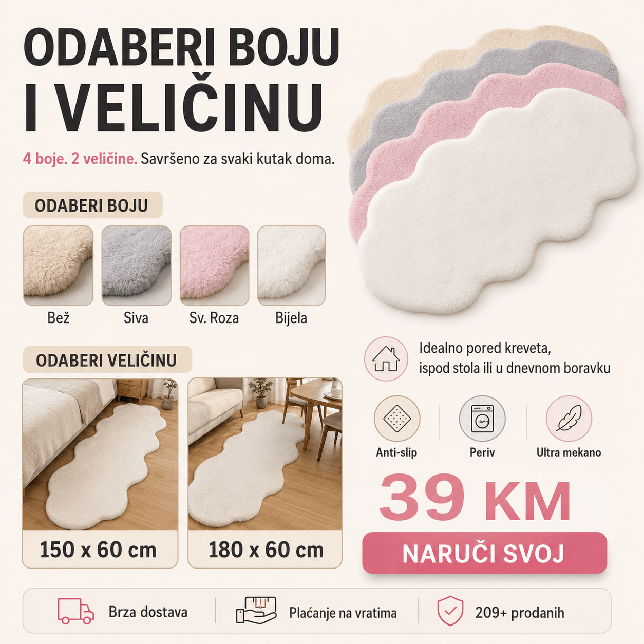 Tepih umjetno krzno – – Bež 180x60 cm – slika 2