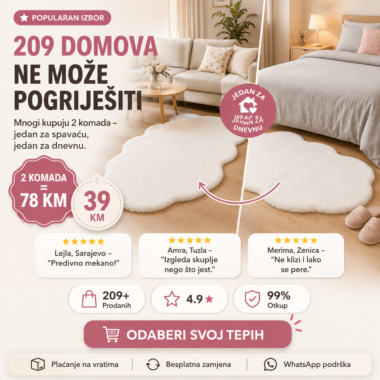 Tepih umjetno krzno – – Bež 180x60 cm – slika 4
