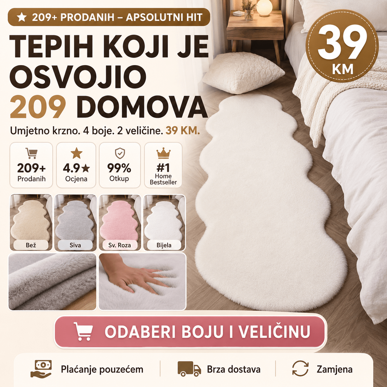 Tepih umjetno krzno – – Bež 180x60 cm – slika 5