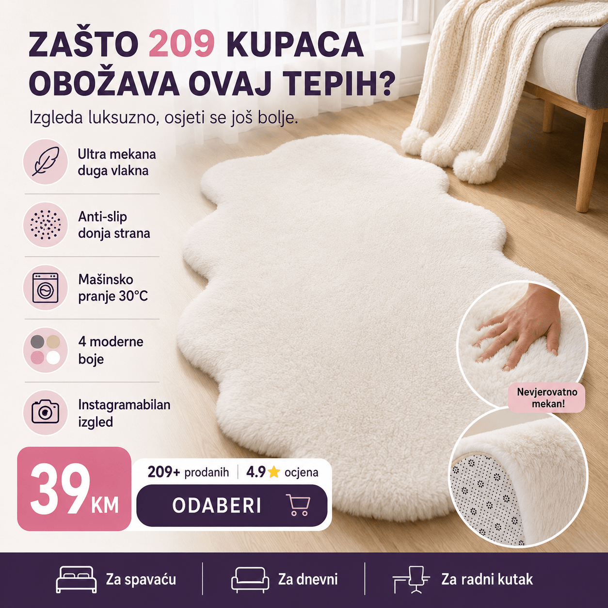 Tepih umjetno krzno – – Bež 180x60 cm – slika 3