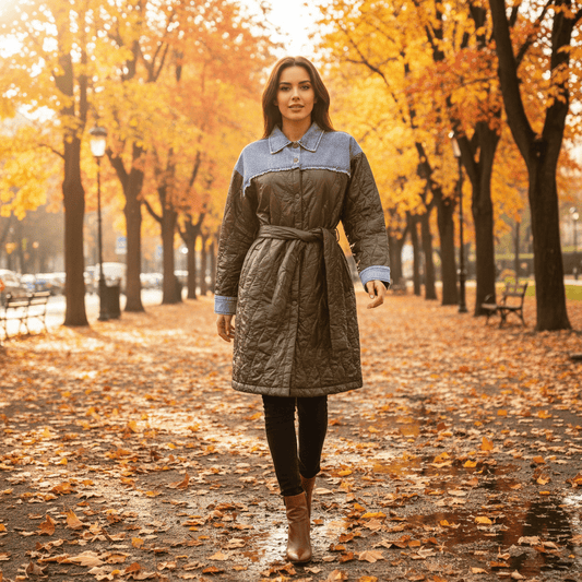 Trendi Prošiveni Mantil sa Denim Akcentima i Pojasom – Ženska odjeća – S – slika 1