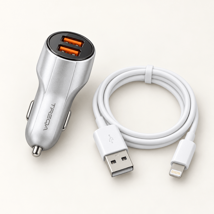 TREQA auto punjač s Lightning kablom – 2 USB izlaza