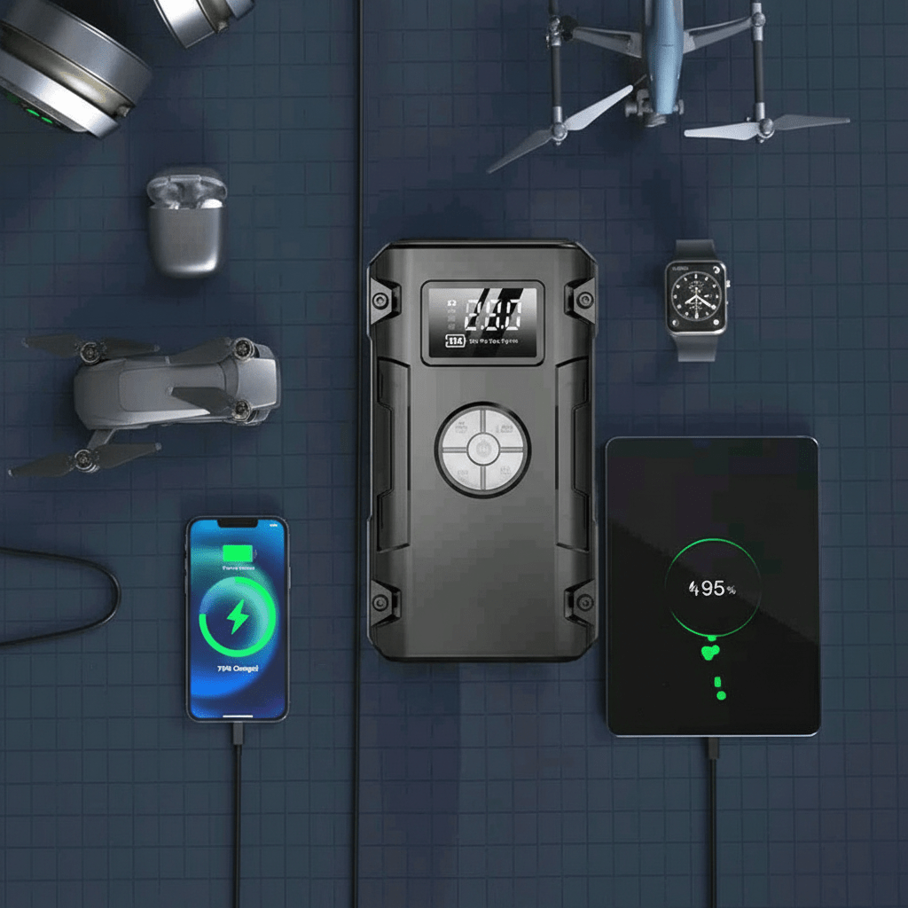 Višenamjenski Prijenosni Punjač i Kompresor 4 - u - 1 | Pametno Punjenje i Napuhavanje – Prijenosni Punjači i Kompresori – Crna – slika 6