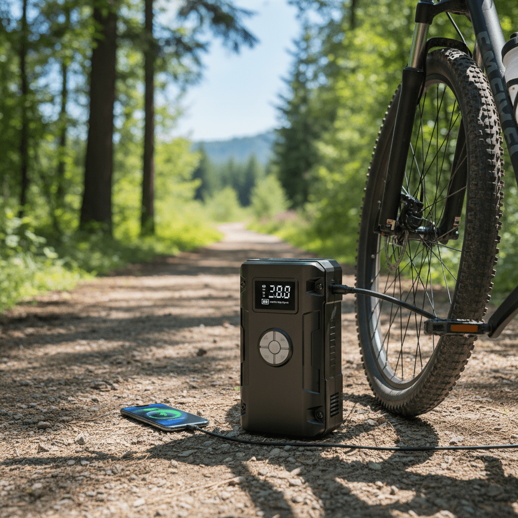 Višenamjenski Prijenosni Punjač i Kompresor 4 - u - 1 | Pametno Punjenje i Napuhavanje – Prijenosni Punjači i Kompresori – Crna – slika 1