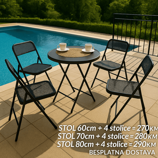 VRTNI SET: STOL + 4 SKLOPIVE STOLICE – – Stol 60cm+4 stolice – slika 1
