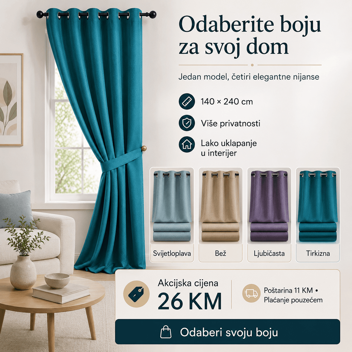 Zavjesa za Zamračivanje 140×240cm – – Tirkizna – slika 7