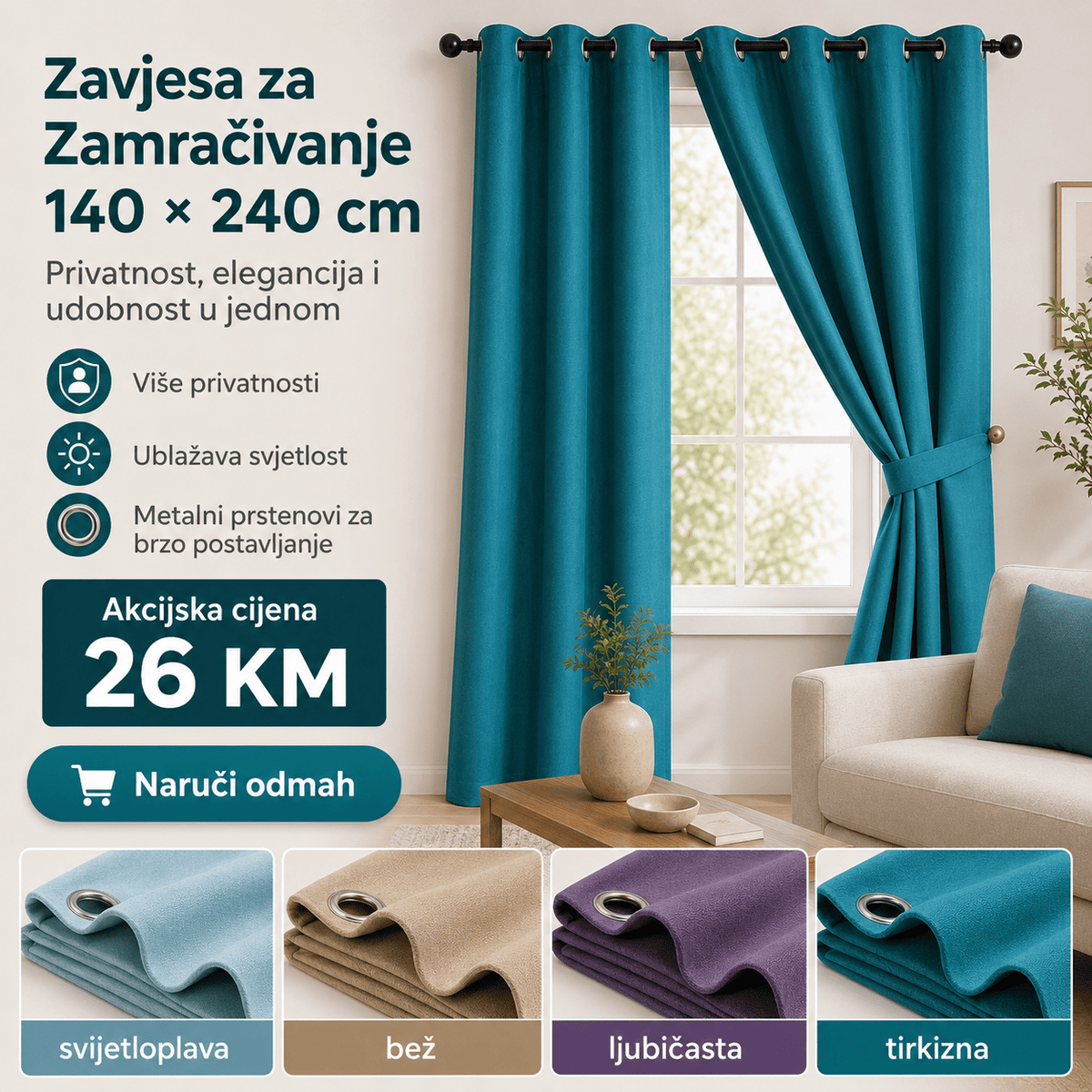 Zavjesa za Zamračivanje 140×240cm – – Tirkizna – slika 1