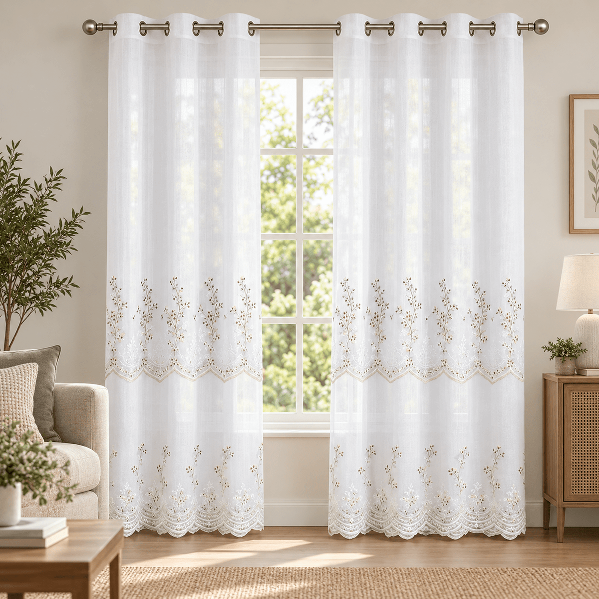Zavjese za prozor bijele s cvjetnim vezom i valovitim rubom – 2 komada, 140 × 240 cm – Zavjese za prozor – – slika 2