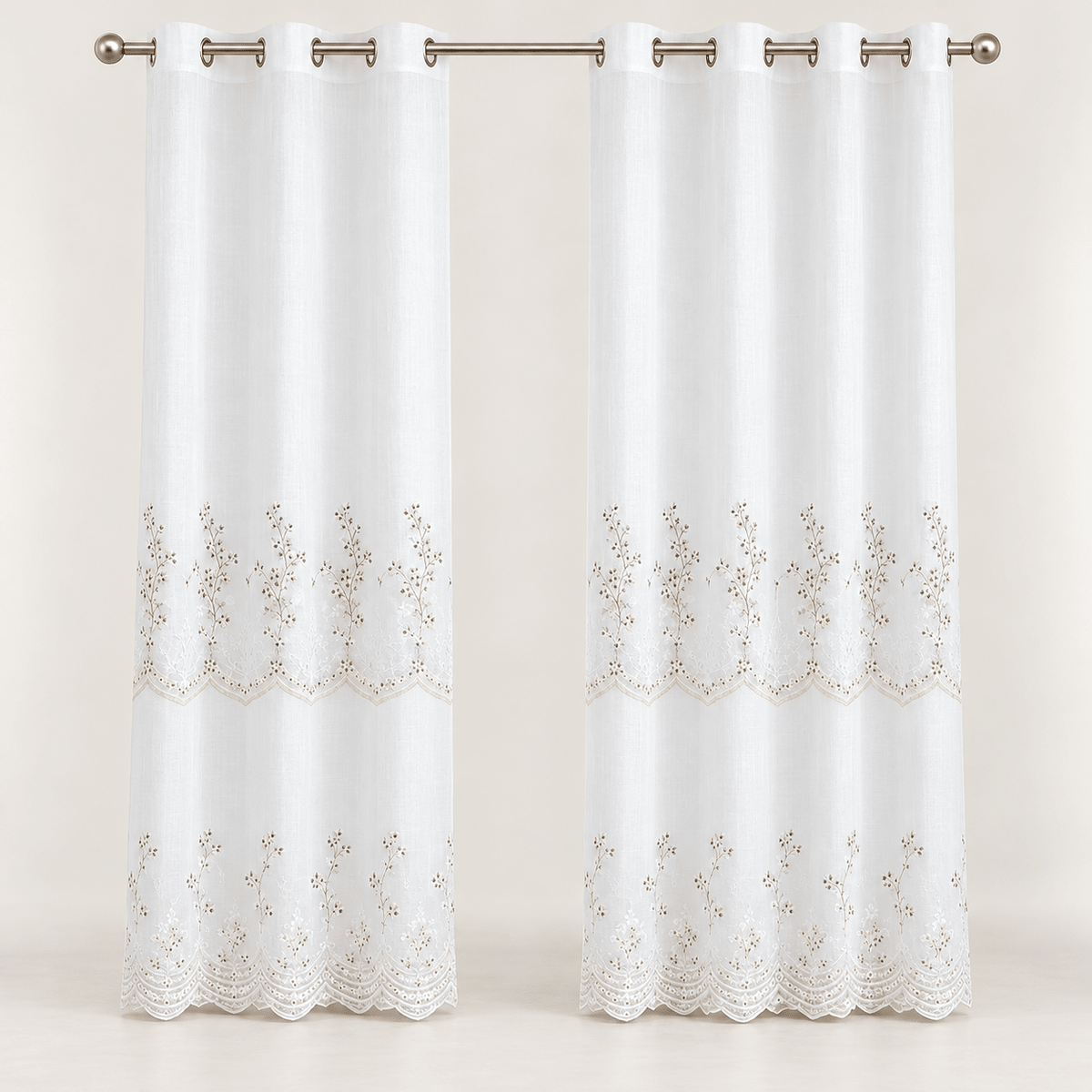 Zavjese za prozor bijele s cvjetnim vezom i valovitim rubom – 2 komada, 140 × 240 cm – Zavjese za prozor – – slika 1