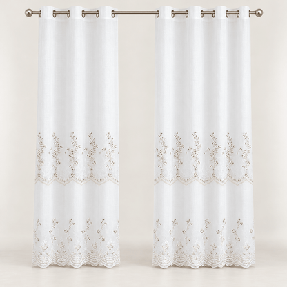 Zavjese za prozor bijele s cvjetnim vezom i valovitim rubom – 2 komada, 140 × 240 cm – Zavjese za prozor – – slika 1