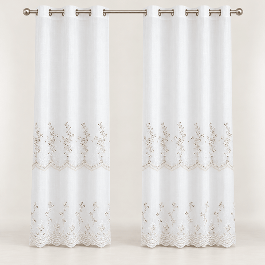Zavjese za prozor bijele s cvjetnim vezom i valovitim rubom – 2 komada, 140 × 240 cm – Zavjese za prozor – – slika 1