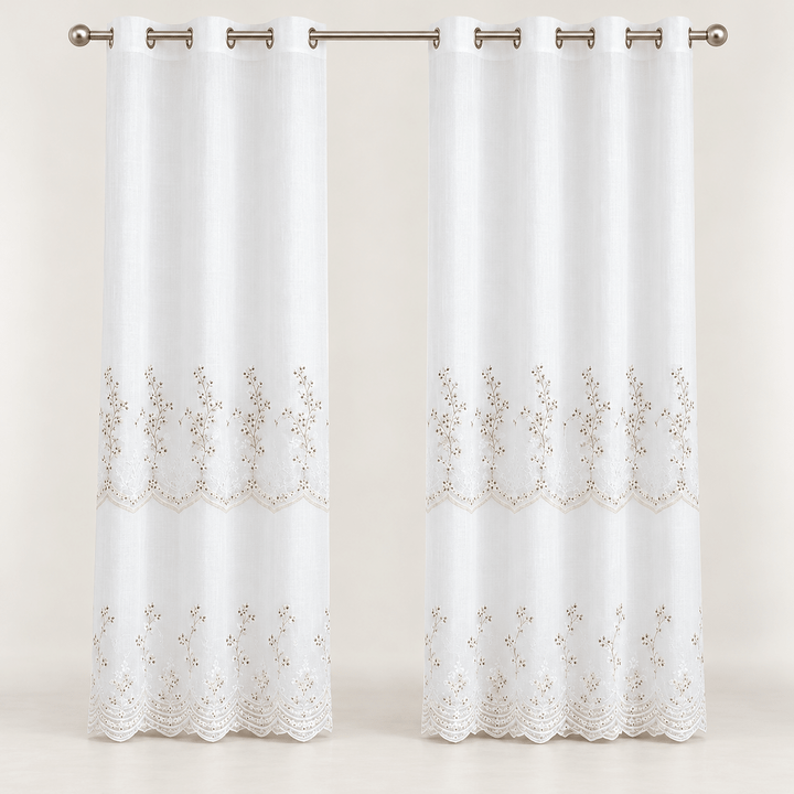 Zavjese za prozor bijele s cvjetnim vezom i valovitim rubom – 2 komada, 140 × 240 cm