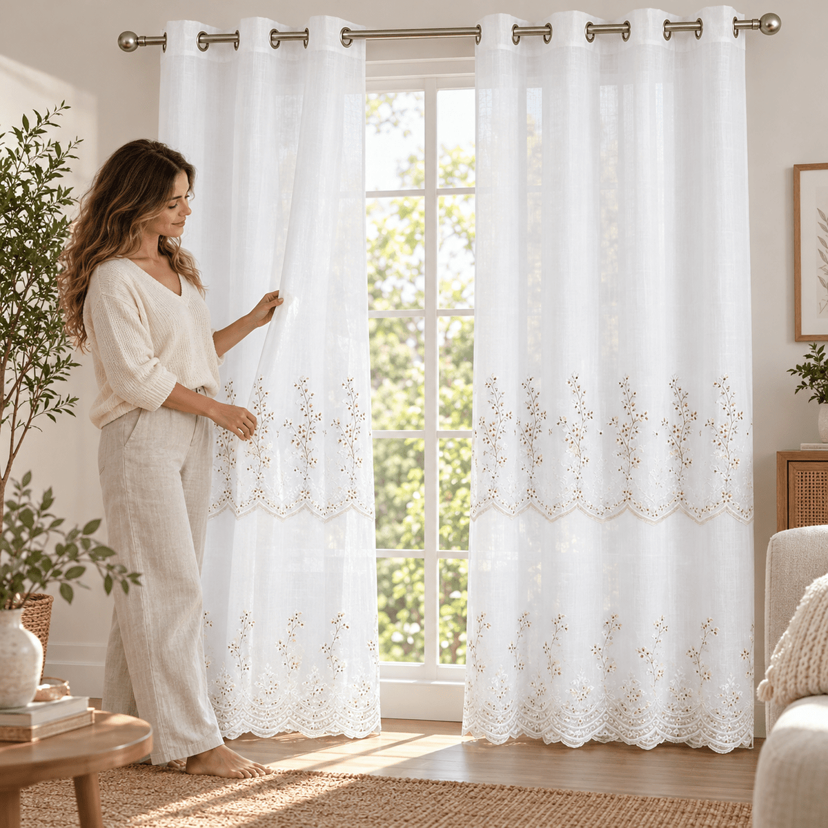 Zavjese za prozor bijele s cvjetnim vezom i valovitim rubom – 2 komada, 140 × 240 cm – Zavjese za prozor – – slika 3