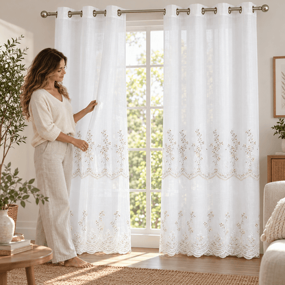 Zavjese za prozor bijele s cvjetnim vezom i valovitim rubom – 2 komada, 140 × 240 cm – Zavjese za prozor – – slika 3