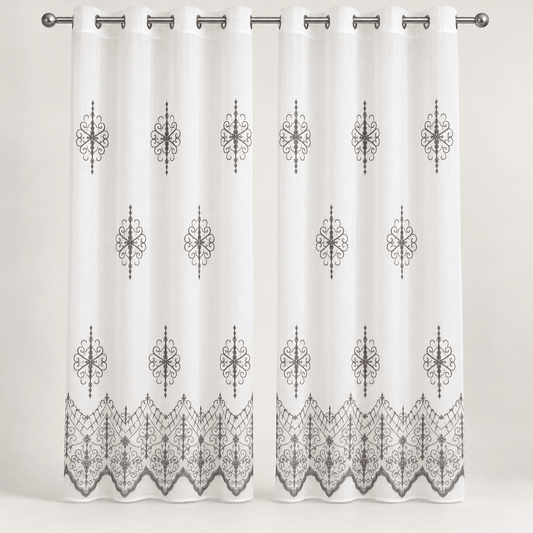 Zavjese za prozor bijele sa sivim ornamentima i čipkastim rubom – 2 komada, 140 × 240 cm – Zavjese za prozor – – slika 1