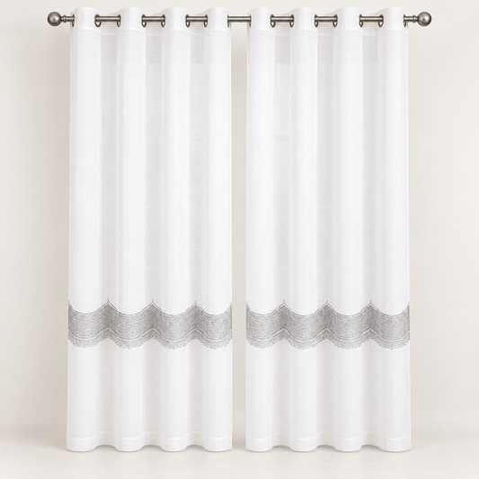 Zavjese za prozor bijele sa sivom ukrasnom trakom – 2 komada, 140 × 240 cm – Zavjese za prozor – – slika 1