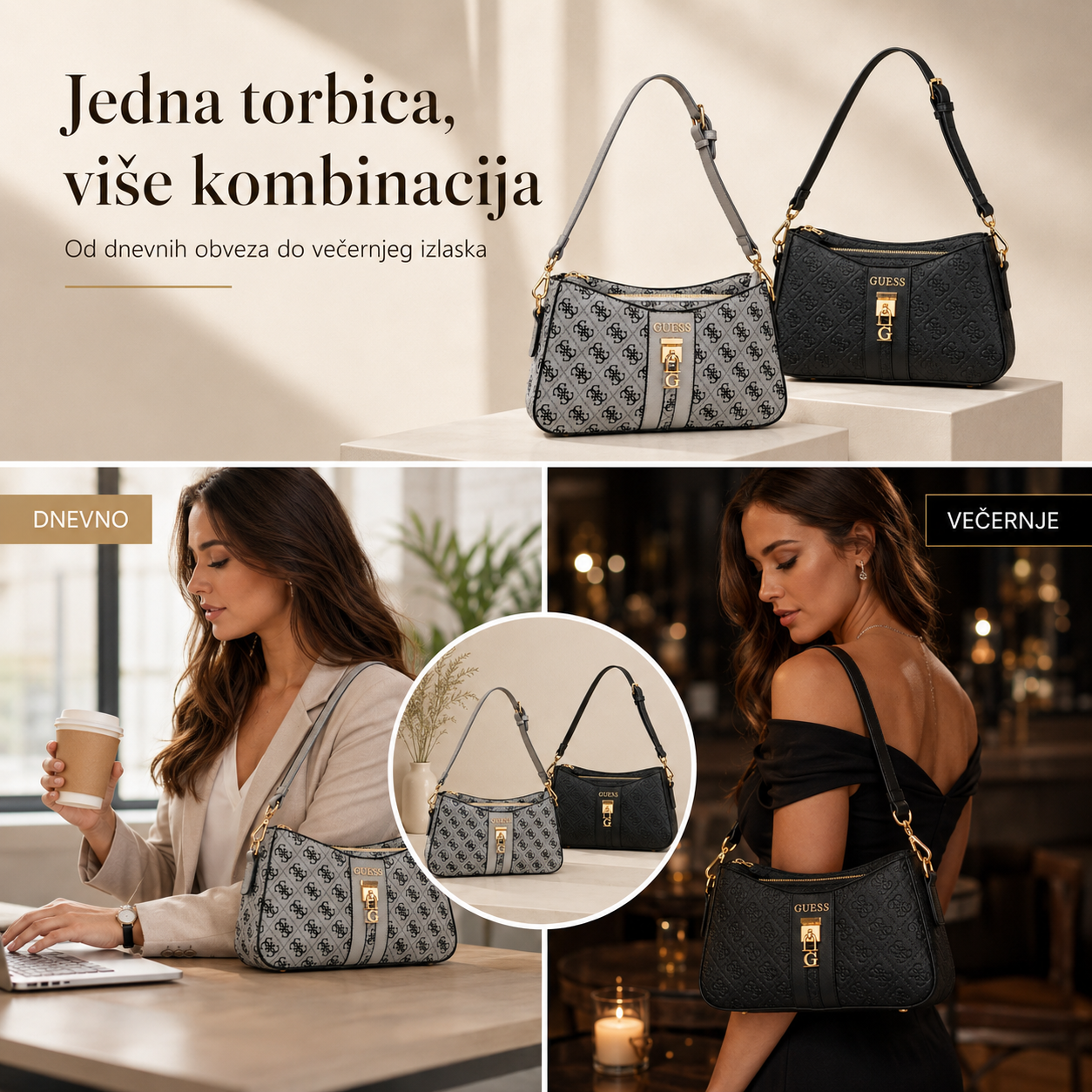 Ženska monogram torbica u sivoj i crnoj boji za dnevne i večernje kombinacije