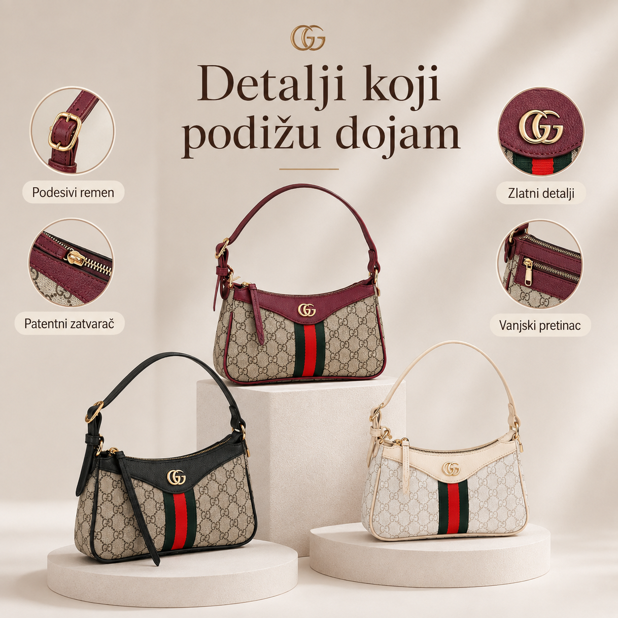 Detalji ženske monogram torbice: podesivi remen, patentni zatvarač i vanjski pretinac