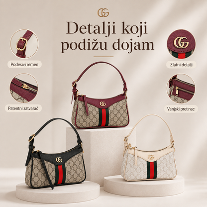Detalji ženske monogram torbice: podesivi remen, patentni zatvarač i vanjski pretinac