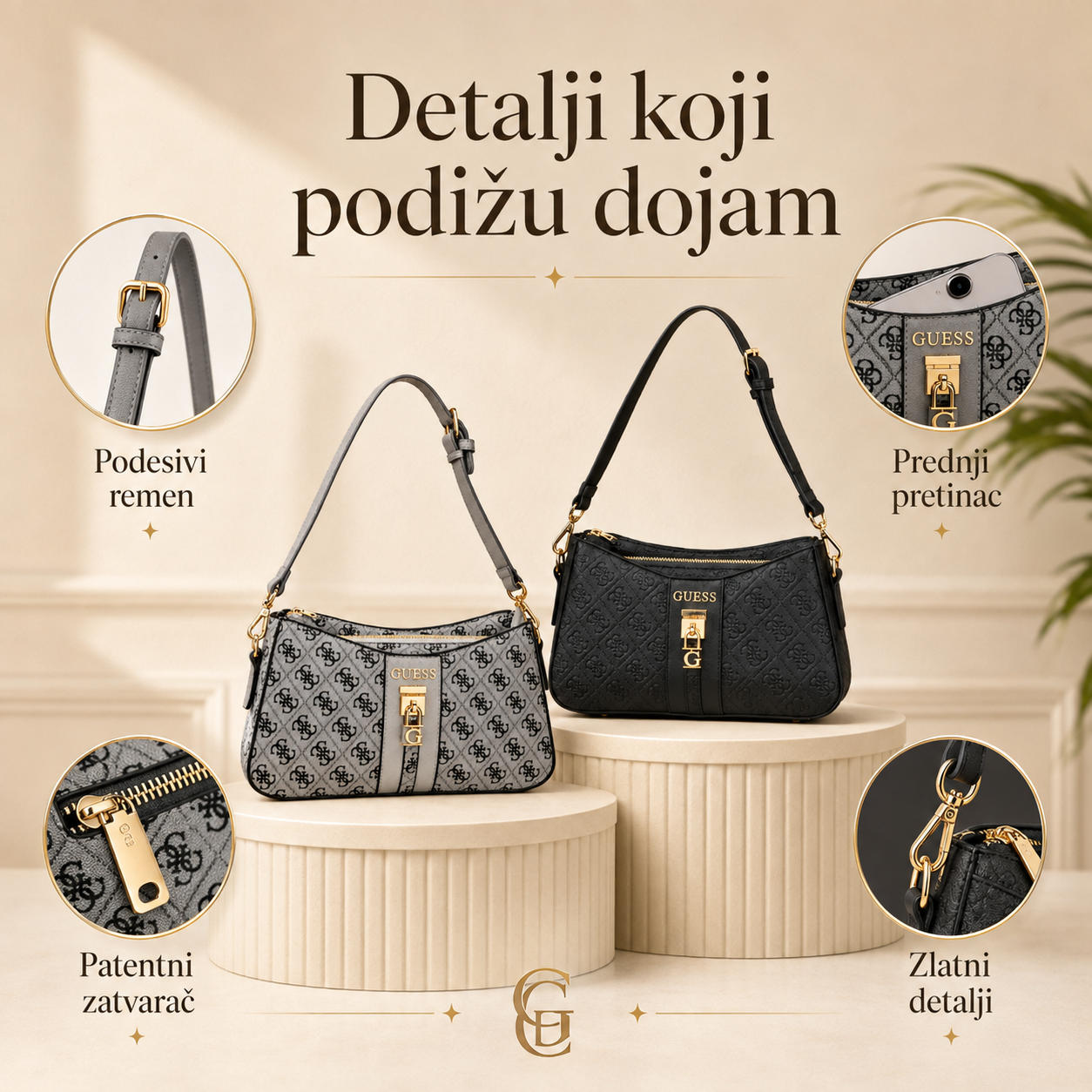 Detalji ženske monogram torbice s podesivim remenom i zlatnim detaljima