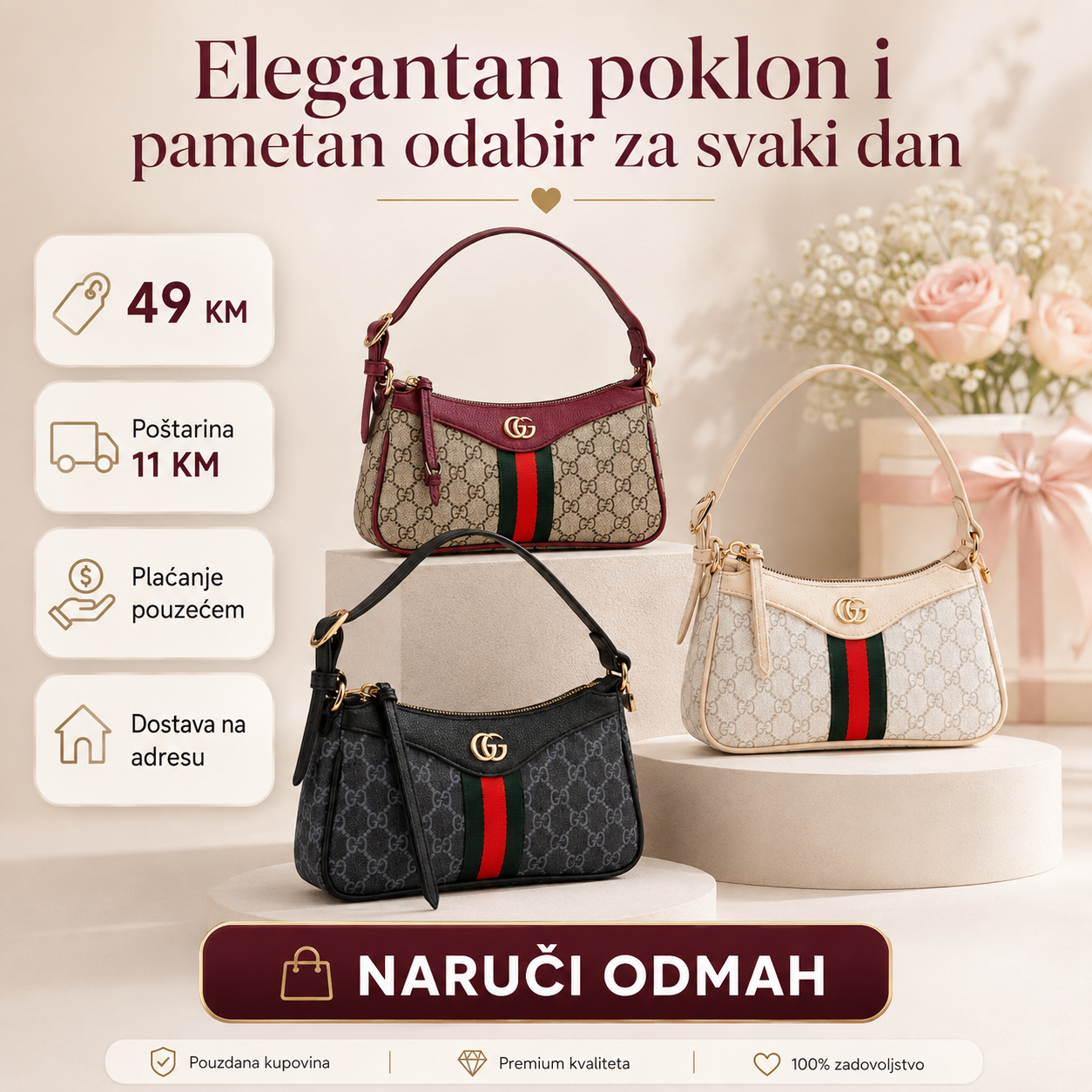 Ženska elegantna monogram torbica u tri boje kao poklon