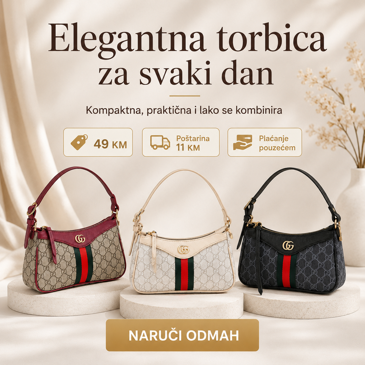 Ženska elegantna torbica za svaki dan u tri boje, cijena 49 KM