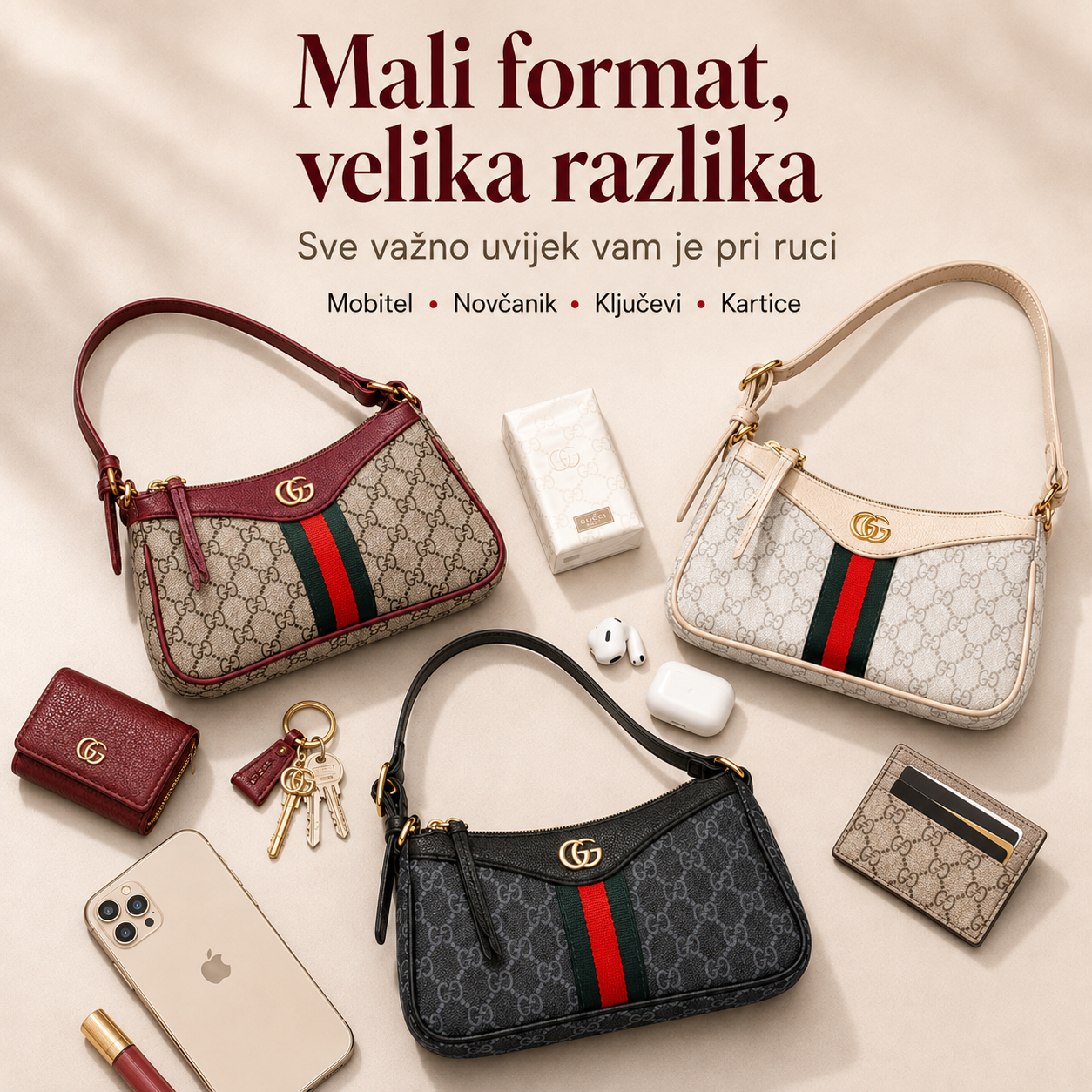 Ženska monogram torbica u bordo, krem i crnoj boji sa svakodnevnim predmetima