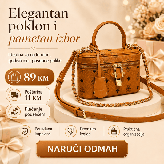 Ženska Premium Vanity Torbica s Monogram Uzorkom – Ručka, Zlatni Lanac i Podesivi Remen – Ženske torbice – Konjak-smeđa – slika 1