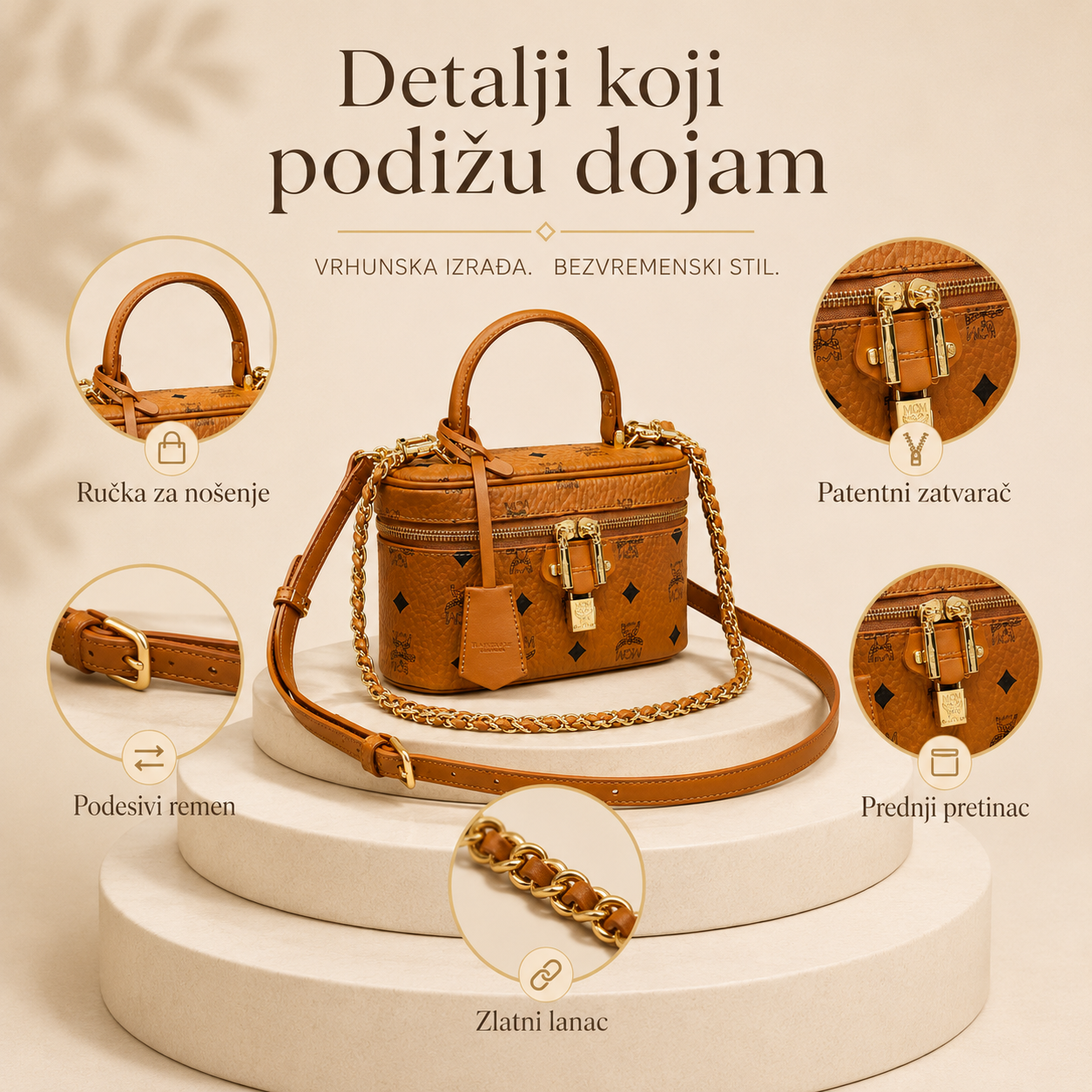 Detalji ženske vanity torbice: ručka, podesivi remen, zlatni lanac i pretinac