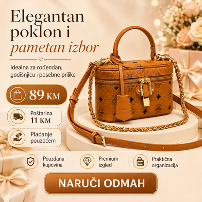 Ženska premium vanity torbica s monogram uzorkom i zlatnim lancem