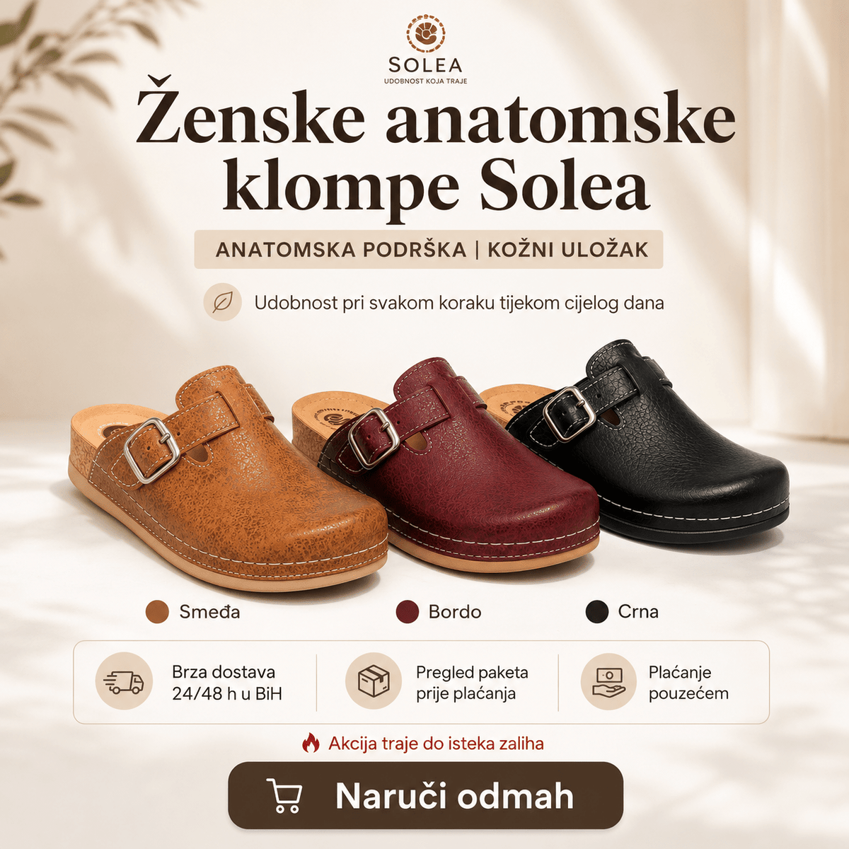 Ženske Anatomske Klompe Solea – – Smeđa 37 – slika 1