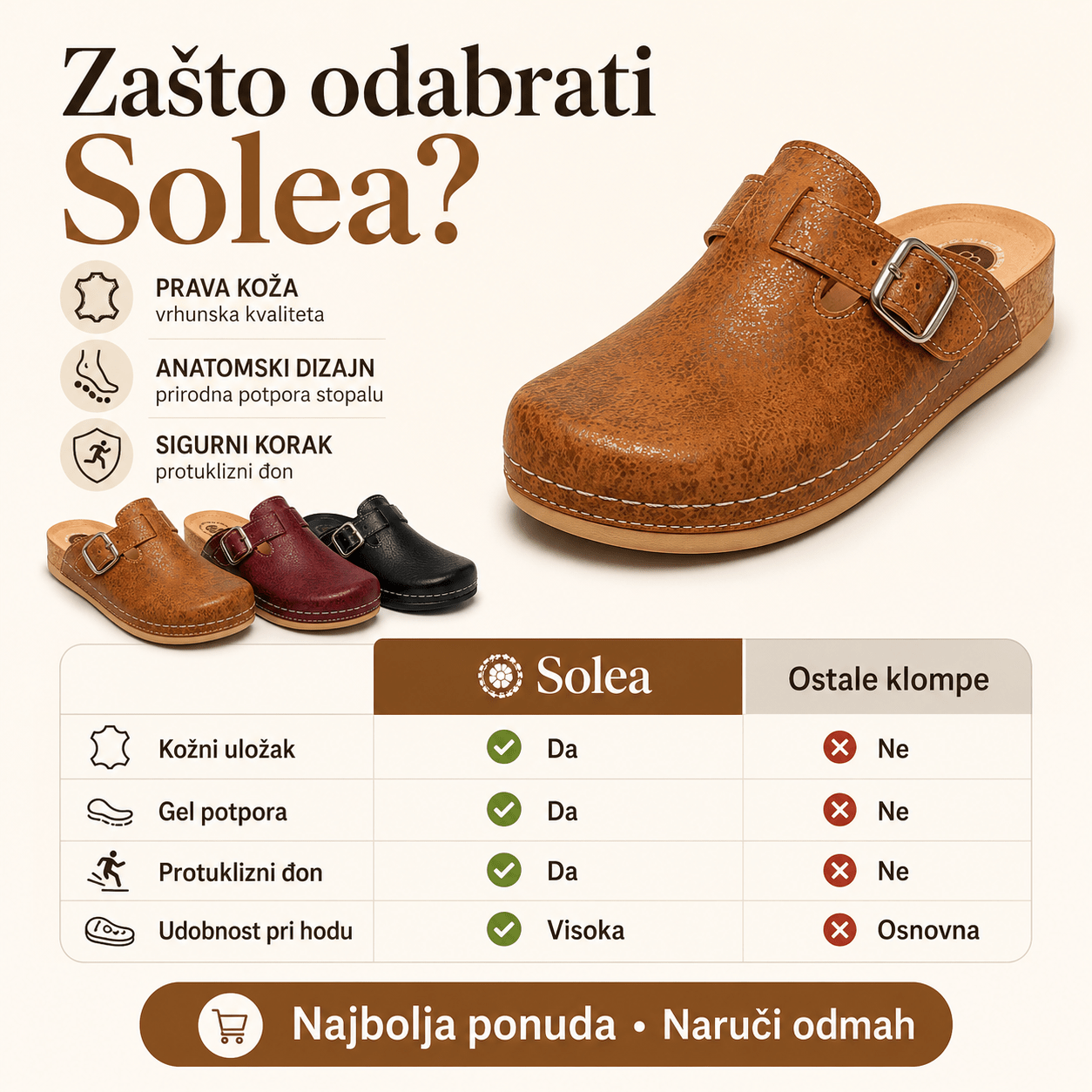 Ženske Anatomske Klompe Solea – – Smeđa 37 – slika 3