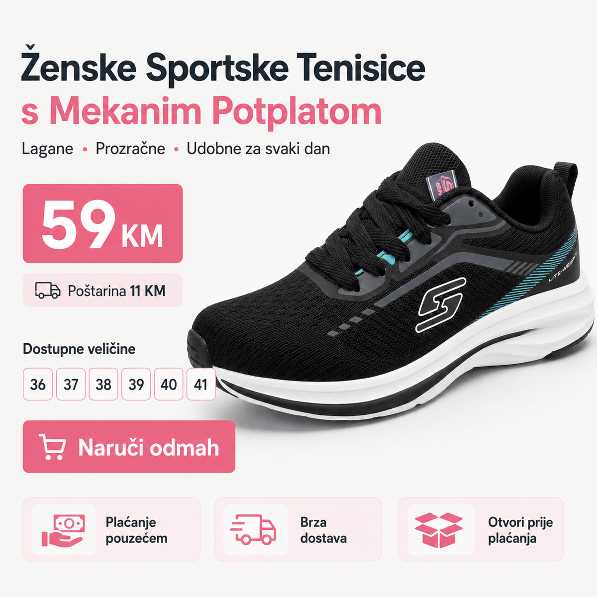 Ženske Crne Sportske Tenisice s Tirkiznim Detaljima – Ženske tenisice – 36 – slika 2