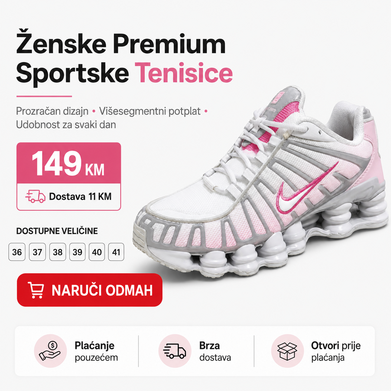 Ženske Premium Bijelo-Roze Sportske Tenisice – prikaz 2