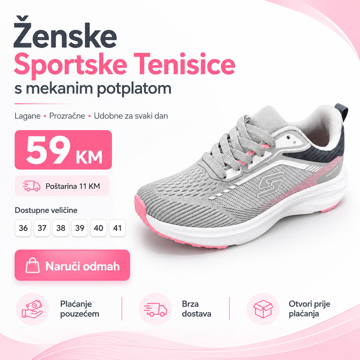 Ženske Sive Sportske Tenisice s Ružičastim Detaljima – prikaz 2