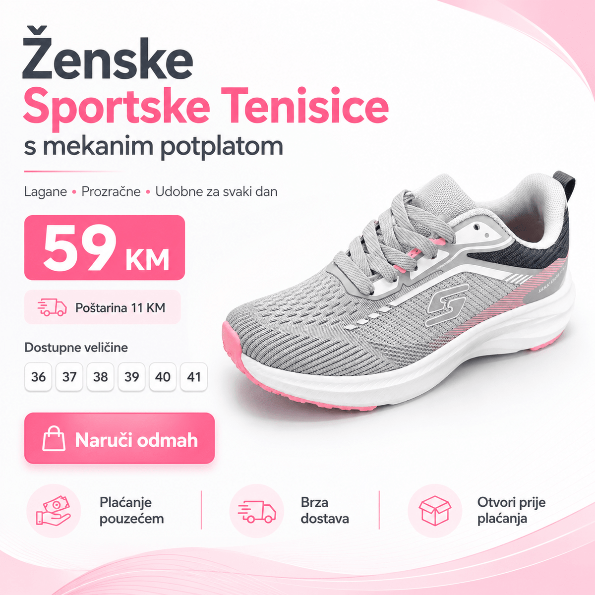 Ženske Sive Sportske Tenisice s Ružičastim Detaljima – Ženske tenisice – 36 – slika 2